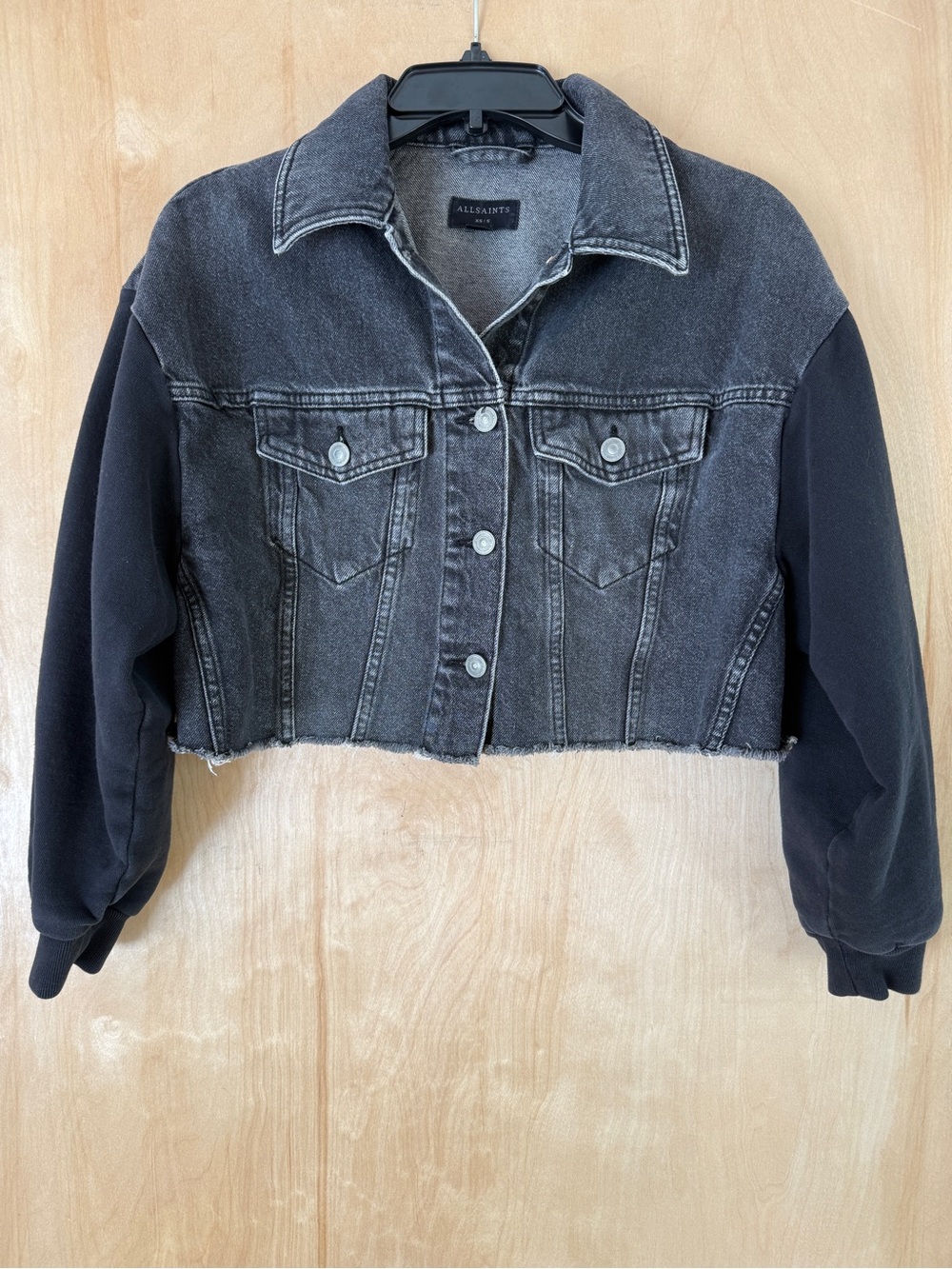 AllSaints Anders Mixed Media Cropped Denim Jacket: XS - Picture 4 of 13